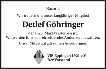 Traueranzeige von Detlef Göhringer 