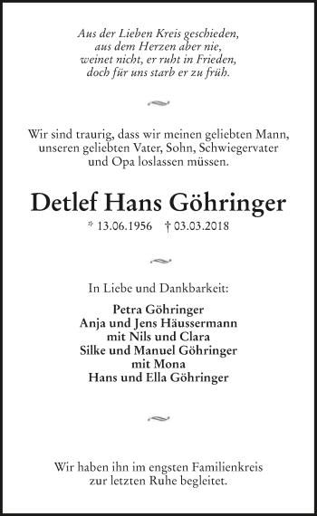 Traueranzeige von Detlef Hans Göhringer 