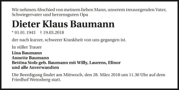 Traueranzeige von Dieter Baumann 