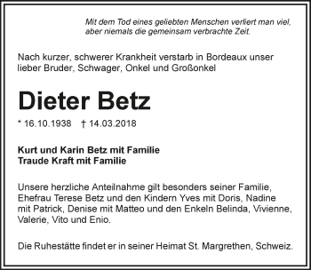 Traueranzeige von Dieter Betz 