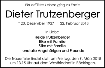 Traueranzeige von Dieter Trutzenberger 