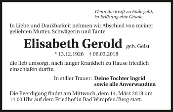 Traueranzeige von Elisabeth Gerold 