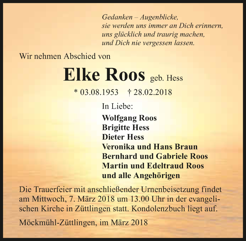  Traueranzeige für Elke Roos vom 05.03.2018 aus 