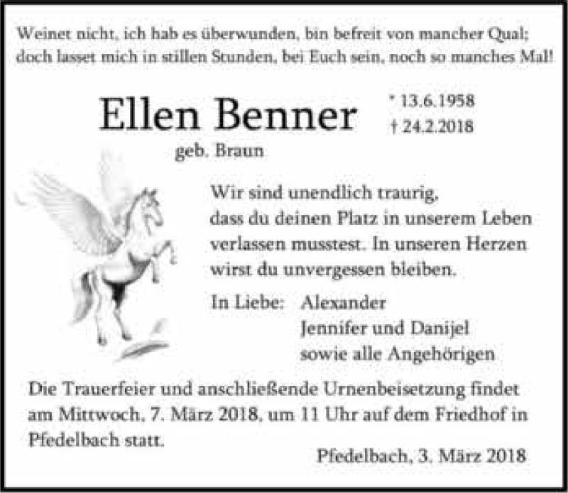 Traueranzeige für Ellen Benner vom 03.03.2018 aus 