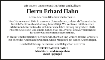 Traueranzeige von Erhard Hahn 