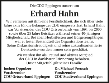 Traueranzeige von Erhard Hahn 