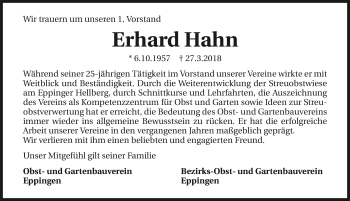 Traueranzeige von Erhard Hahn 