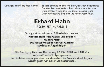 Traueranzeige von Erhard Hahn 