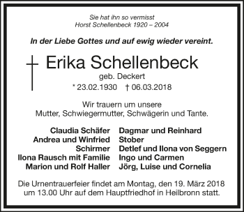 Traueranzeige von Erika Schellenbeck 