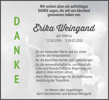 Traueranzeige von Erika Weingand 