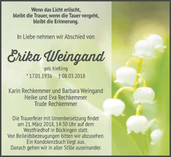 Traueranzeige von Erika Weingand 