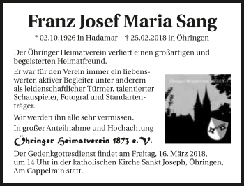 Traueranzeige von Franz Josef Maria Sang 