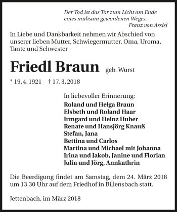 Traueranzeige von Friedl Braun 