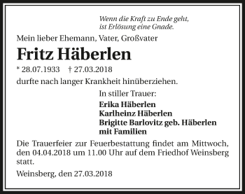 Traueranzeige von Fritz Häberlen 