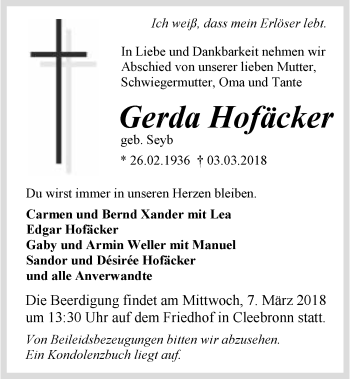 Traueranzeige von Gerda Hofäcker 
