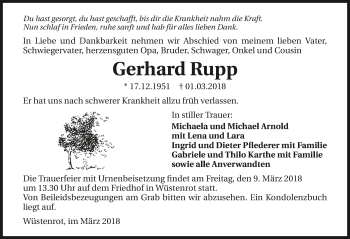 Traueranzeige von Gerhard Rupp 