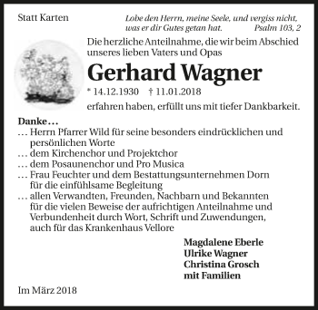 Traueranzeige von Gerhard Wagner 
