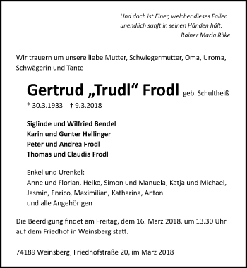 Traueranzeige von Gertrud Frodl 