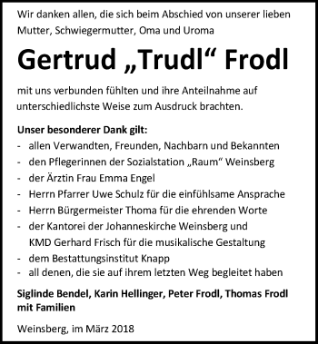 Traueranzeige von Gertrud Frodl 