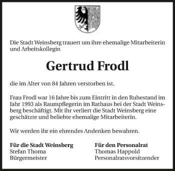 Traueranzeige von Gertrud Frodl 