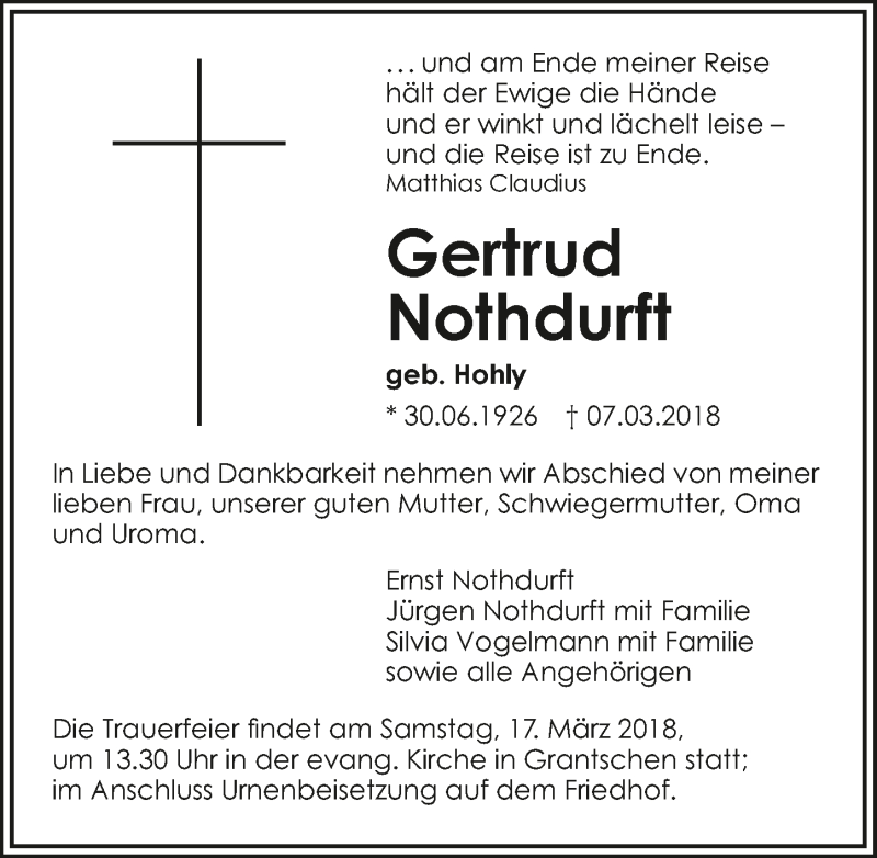  Traueranzeige für Gertrud Nothdurft vom 13.03.2018 aus 