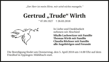 Traueranzeige von Gertrud Wirth 