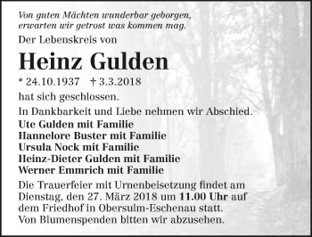 Traueranzeige von Heinz Gulden 