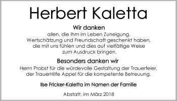 Traueranzeige von Herbert Kaletta 