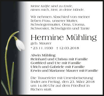 Traueranzeige von Hermine Mühling 