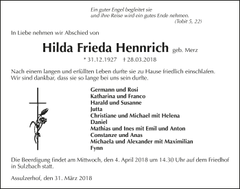 Traueranzeige von Hilda Frieda Hennrich 
