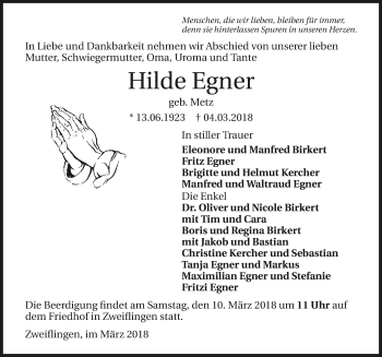 Traueranzeige von Hilde Egner 