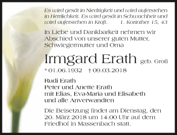 Traueranzeige von Irmgard Erath 