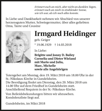 Traueranzeige von Irmgard Heidinger 