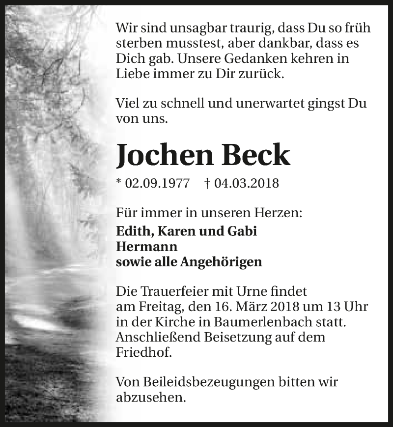  Traueranzeige für Jochen Beck vom 13.03.2018 aus 