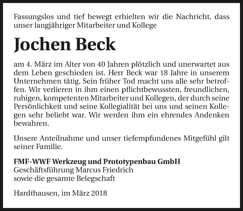  Traueranzeige für Jochen Beck vom 13.03.2018 aus 