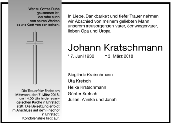 Traueranzeige von Johann Kratschmann 