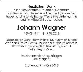 Traueranzeige von Johann Wagner 