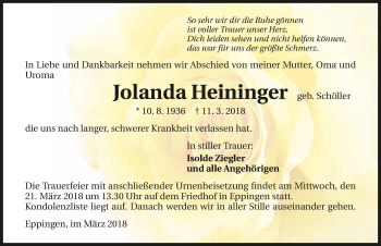 Traueranzeige von Jolanda Heininger 