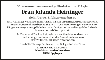 Traueranzeige von Jolanda Heininger 