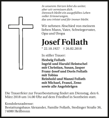 Traueranzeige von Josef Follath 