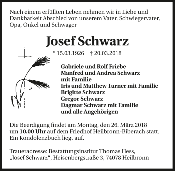 Traueranzeige von Josef Schwarz 