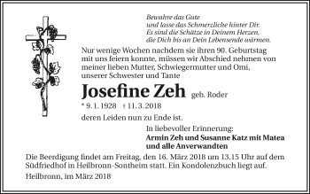 Traueranzeige von Josefine Zeh 