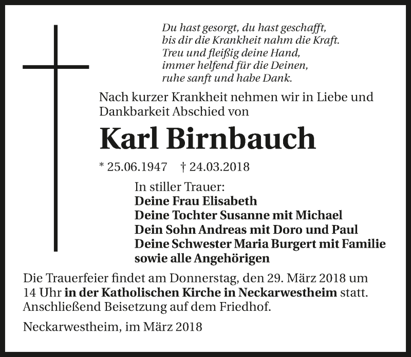  Traueranzeige für Karl Birnbauch vom 27.03.2018 aus 
