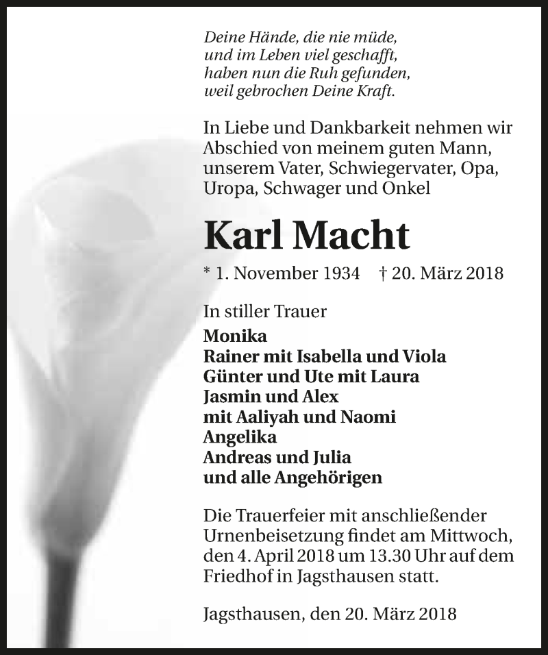  Traueranzeige für Karl Macht vom 31.03.2018 aus 