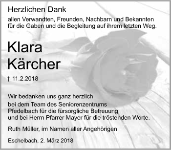 Traueranzeige von Klara Kärcher 