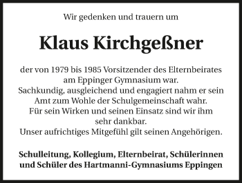 Traueranzeige von Klaus Kirchgeßner 