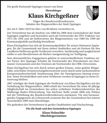 Traueranzeige von Klaus Kirchgeßner 