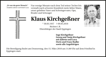 Traueranzeige von Klaus Kirchgeßner 