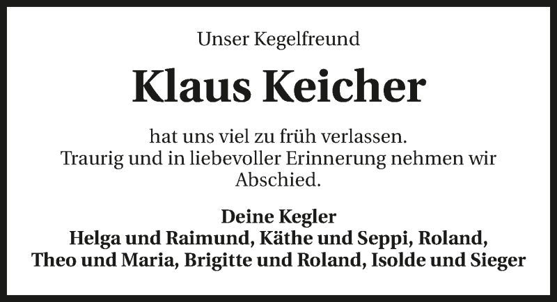  Traueranzeige für Klaus Wilhelm Keicher vom 29.03.2018 aus 