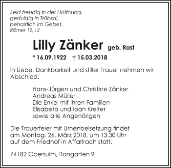 Traueranzeige von Lilly Zänker 